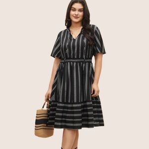 BloomChic Plus Size XL Striped Patchwork Tassels Ties Shirred Dress